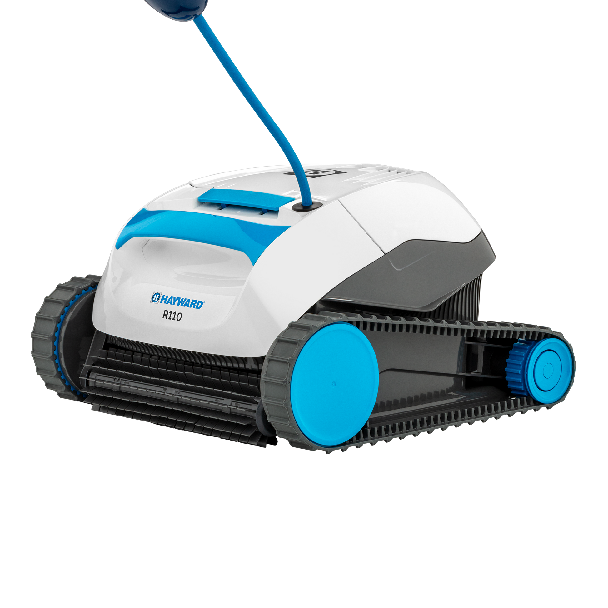Left-side profile of the Hayward R110 robotic cleaner (W3RCH411CU) featuring the tangle-free swivel power cord.