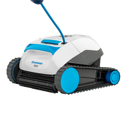 Left-side profile of the Hayward R110 robotic cleaner (W3RCH411CU) featuring the tangle-free swivel power cord.