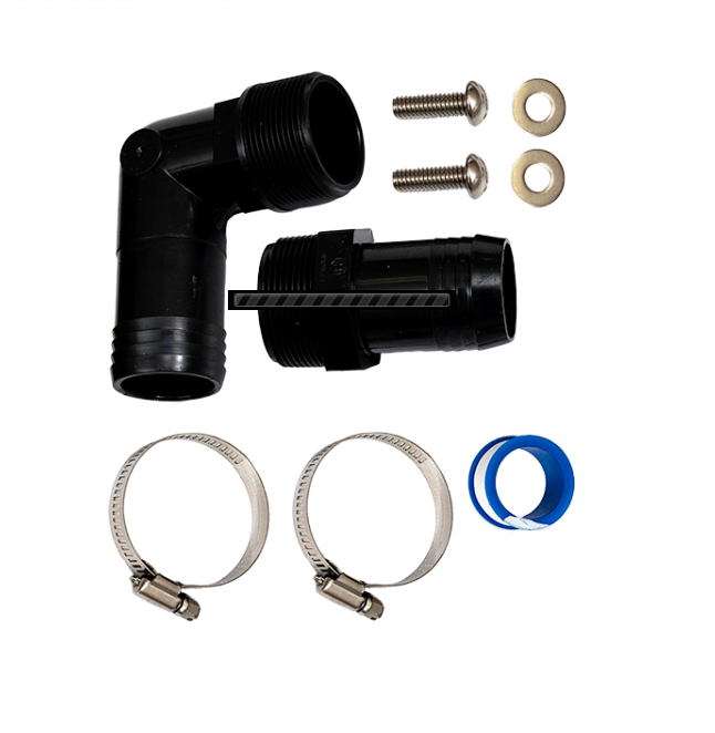 Close-up of Hayward S160TPAK3 hardware kit including 1.5-inch elbow hose adapter, straight insert adapter, stainless steel hose clamps, and mounting bolts.
