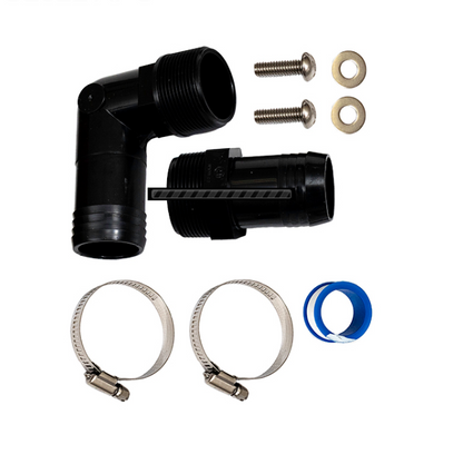 Close-up of Hayward S160TPAK3 hardware kit including 1.5-inch elbow hose adapter, straight insert adapter, stainless steel hose clamps, and mounting bolts.