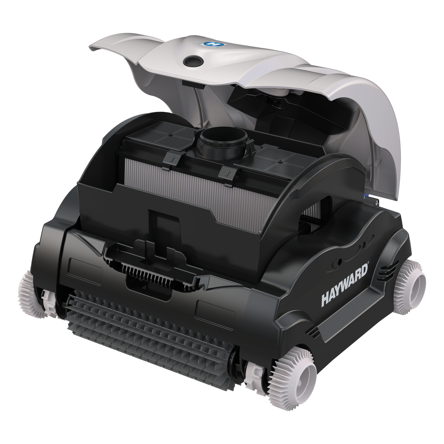 The Hayward SharkVac XL (W3RC9740WCCUB) with the top cover open, demonstrating the easy-access, large-capacity debris filter cartridges.