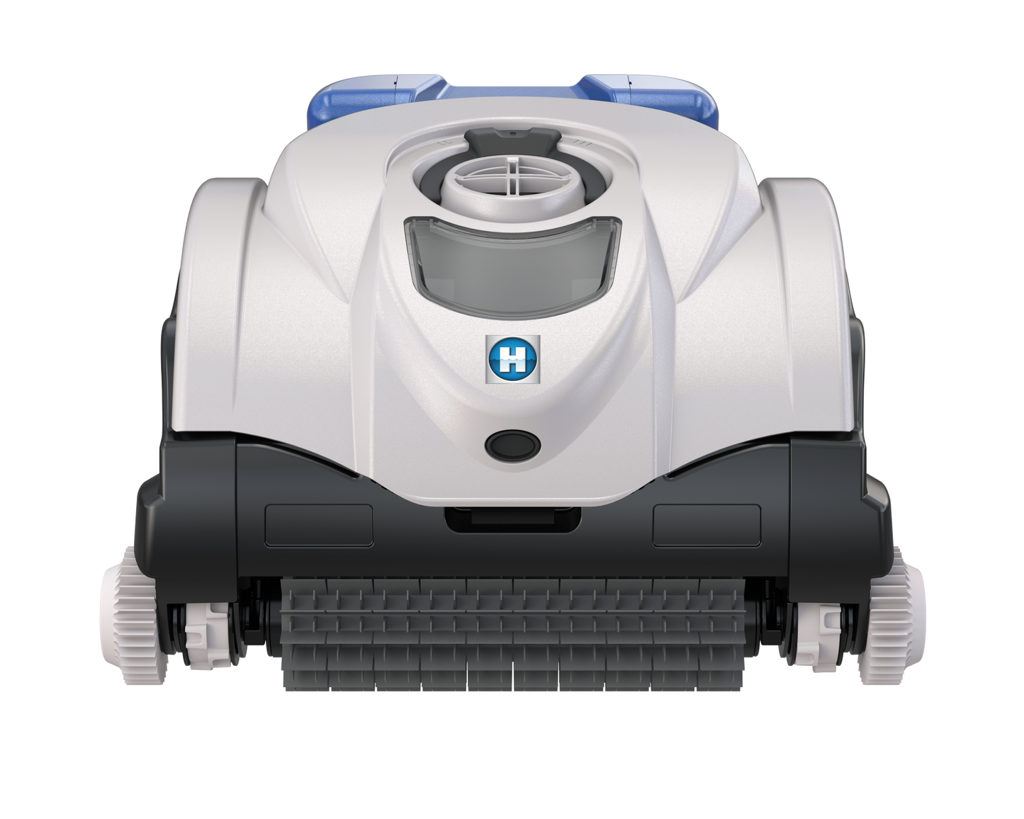 Front-facing view of the Hayward SharkVac XL (W3RC9742WCCUBY) robotic pool cleaner showing the high-traction scrubbing brushes.