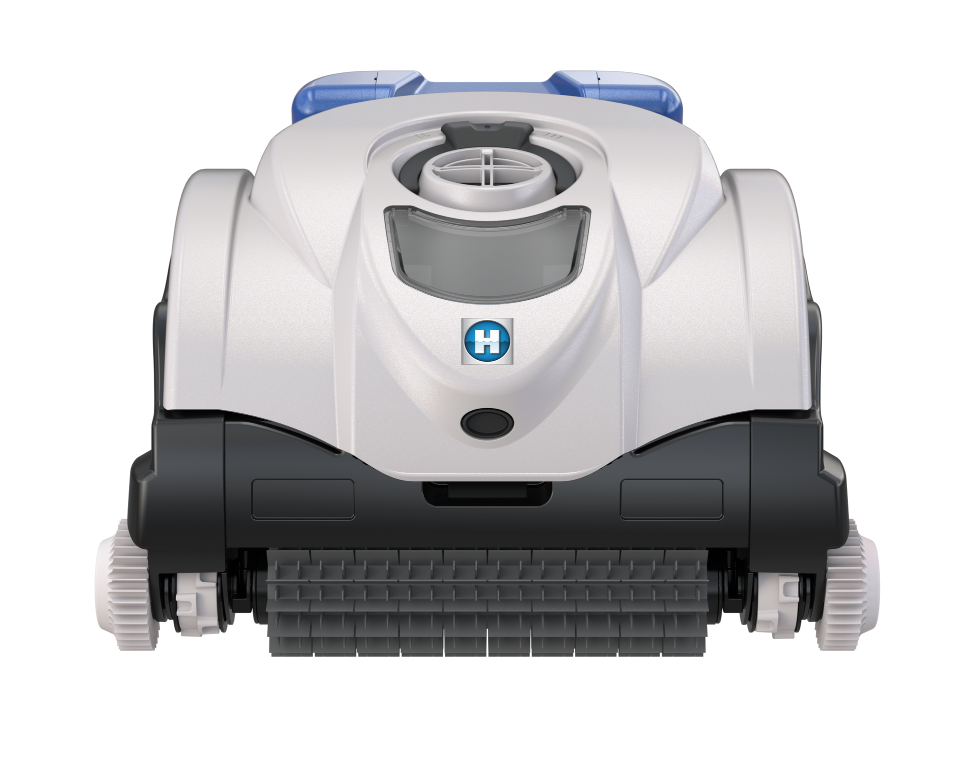 Front-facing view of the Hayward SharkVac XL (W3RC9742WCCUBY) robotic pool cleaner showing the high-traction scrubbing brushes.