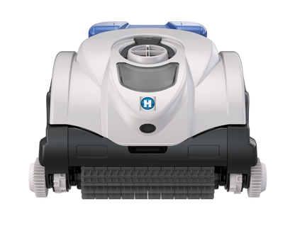 Front-facing view of the Hayward SharkVac XL (W3RC9742WCCUBY) robotic pool cleaner showing the high-traction scrubbing brushes.