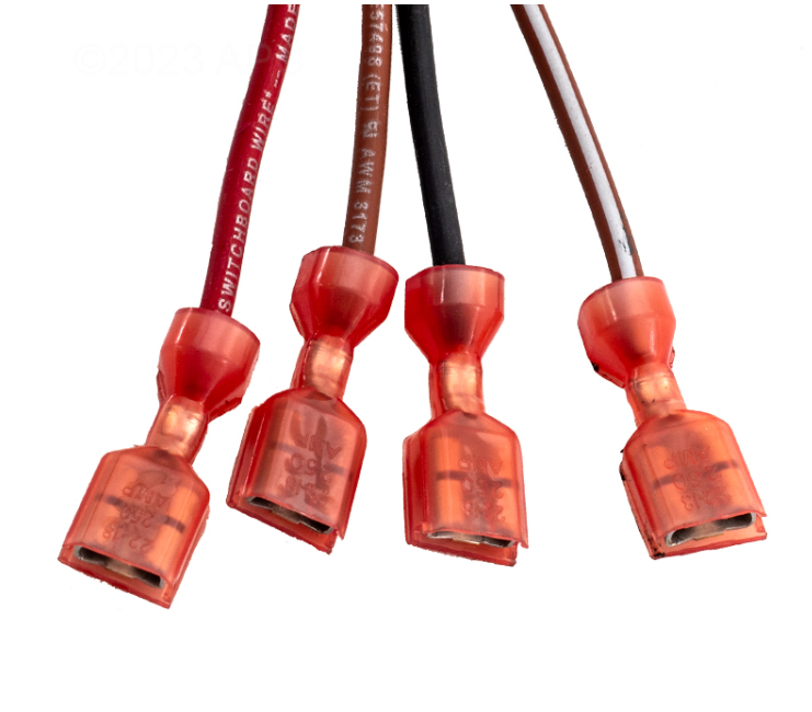 Close-up of red insulated spade terminals and electrical wiring for Hayward HeatPro SMX303088001 motor.