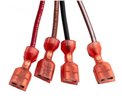 Close-up of red insulated spade terminals and electrical wiring for Hayward HeatPro SMX303088001 motor.