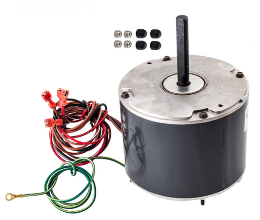 Complete Hayward SMX303088001 Fan Motor kit showing 1/5 HP motor, wiring leads, and included mounting hardware.