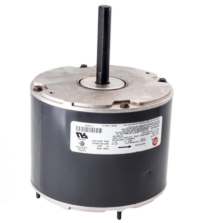 Upright view of Hayward HeatPro SMX303088001 fan motor showing the drive shaft and technical specification label.