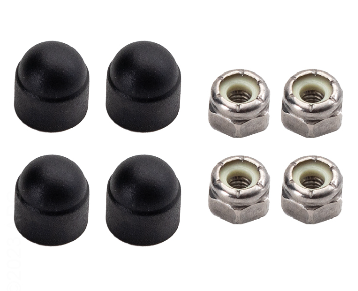 Mounting hardware kit for Hayward HeatPro fan motor including 4 black rubber nut covers and 4 stainless steel locking nuts