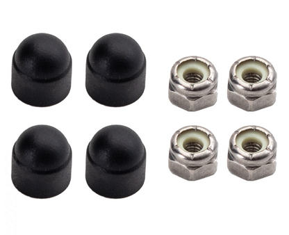 Mounting hardware kit for Hayward HeatPro fan motor including 4 black rubber nut covers and 4 stainless steel locking nuts