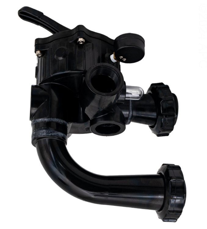 Side view of the Hayward SP0710X62 Vari-Flo XL valve showing the installed pressure gauge, clear backwash sight glass, and internal plumbing ports.