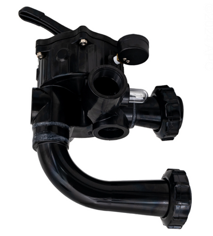 Side view of the Hayward SP0710X62 Vari-Flo XL valve showing the installed pressure gauge, clear backwash sight glass, and internal plumbing ports.