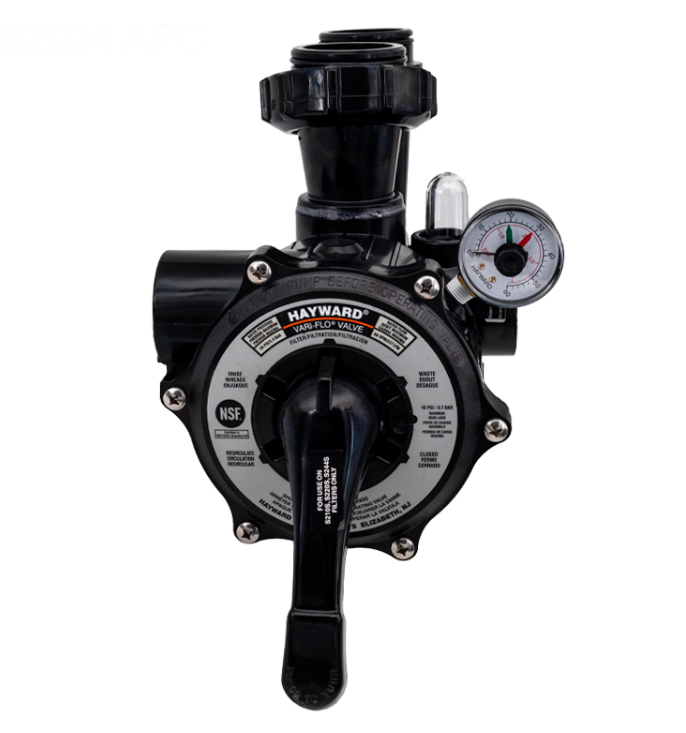 Top-down view of the Hayward SP0710X62 Vari-Flo XL valve faceplate showing the 6-position handle, labeling for Filter, Backwash, and Rinse, and the pressure gauge port.