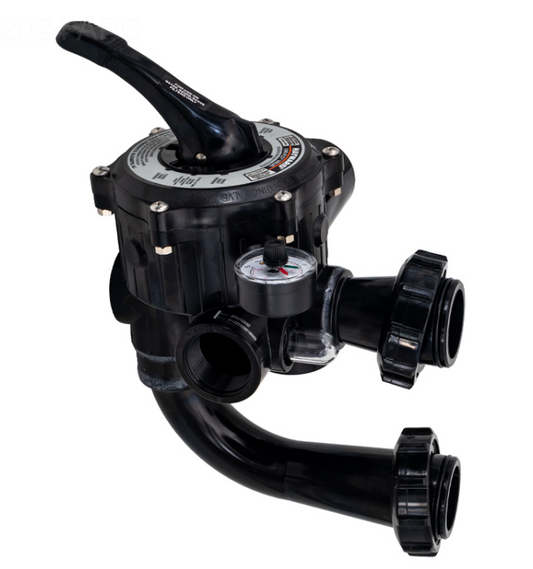Main view of the Hayward SP0710X62 Vari-Flo XL Side-Mount Multiport Valve for sand filters, featuring the black body, control handle, and distinctive curved sweep piping.