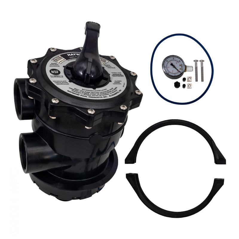 Close-up view of the complete hardware kit included with the Hayward SP071620T multiport valve, showing the two-piece black flange clamp, large bottom O-ring, 1/4 inch NPT pressure gauge, and necessary bolts and nuts.
