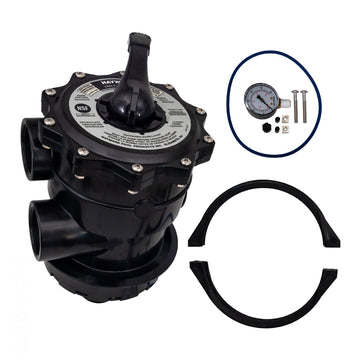 Close-up view of the complete hardware kit included with the Hayward SP071620T multiport valve, showing the two-piece black flange clamp, large bottom O-ring, 1/4 inch NPT pressure gauge, and necessary bolts and nuts.