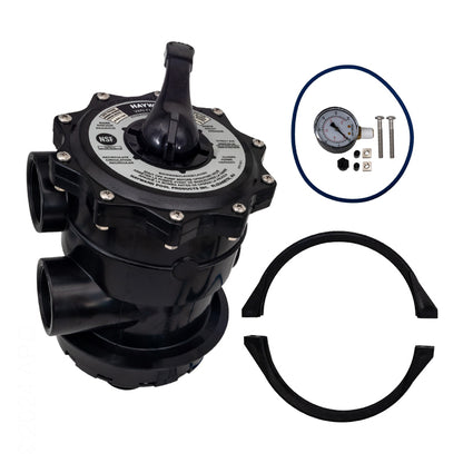 Close-up view of the complete hardware kit included with the Hayward SP071620T multiport valve, showing the two-piece black flange clamp, large bottom O-ring, 1/4 inch NPT pressure gauge, and necessary bolts and nuts.