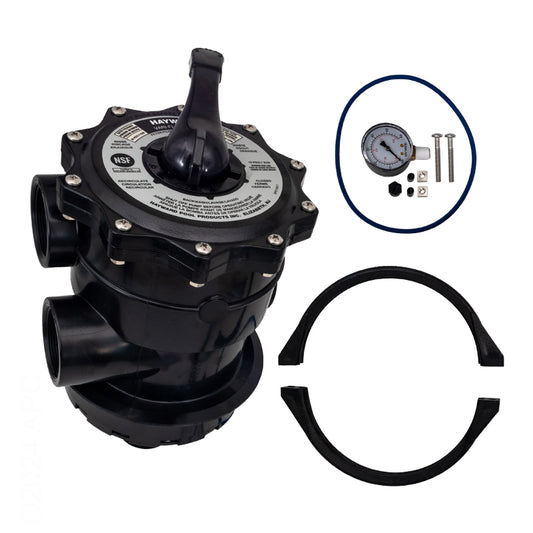Close-up view of the complete hardware kit included with the Hayward SP071620T multiport valve, showing the two-piece black flange clamp, large bottom O-ring, 1/4 inch NPT pressure gauge, and necessary bolts and nuts.