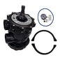 Close-up view of the complete hardware kit included with the Hayward SP071620T multiport valve, showing the two-piece black flange clamp, large bottom O-ring, 1/4 inch NPT pressure gauge, and necessary bolts and nuts.