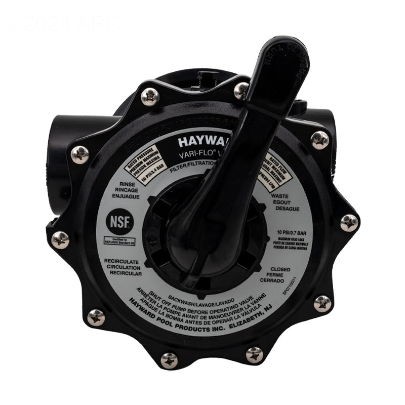 Close-up, top-down view of the Hayward SP071620T VariFlo XL valve control dial, featuring the black handle and multi-language labels for the 6 settings: Filter, Rinse, Recirculate, Backwash, Closed, and Waste.