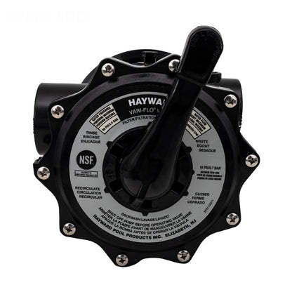 Close-up, top-down view of the Hayward SP071620T VariFlo XL valve control dial, featuring the black handle and multi-language labels for the 6 settings: Filter, Rinse, Recirculate, Backwash, Closed, and Waste.