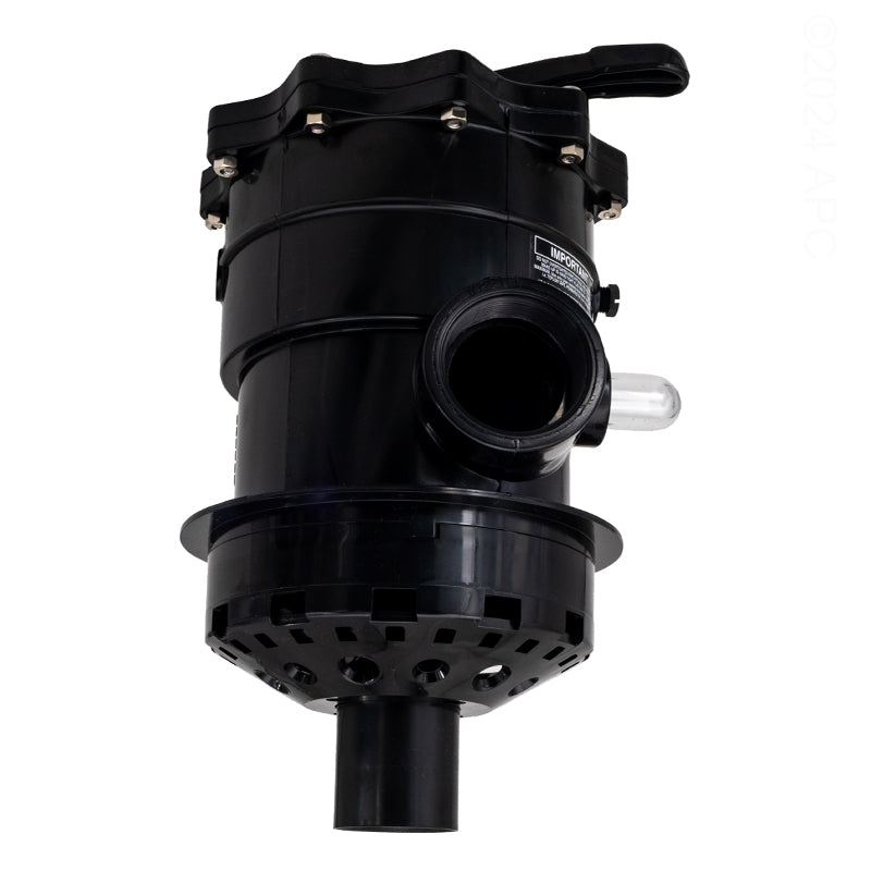 Full side view of the Hayward SP071620T VariFlo XL multiport valve, showing the bottom diffuser section that mounts directly to the sand filter bulkhead, and the side waste port with the clear sight glass attached for monitoring backwash water.
