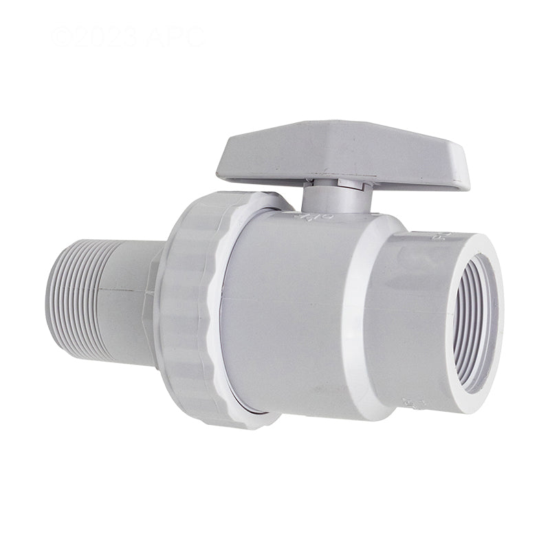 Side profile view of the Hayward SP0723 white ABS pool ball valve, showing the 1-1/2 inch male iron pipe (MIP) threaded connection on the left, the female iron pipe (FIP) connection on the right, and the directional lever handle on top.