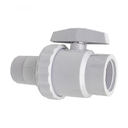 Side profile view of the Hayward SP0723 white ABS pool ball valve, showing the 1-1/2 inch male iron pipe (MIP) threaded connection on the left, the female iron pipe (FIP) connection on the right, and the directional lever handle on top.