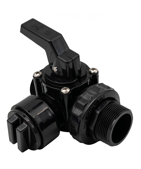3/4 view of Hayward SP0727 Diverter Valve showing the specialized mounting bracket and 1.5-inch threaded ports.