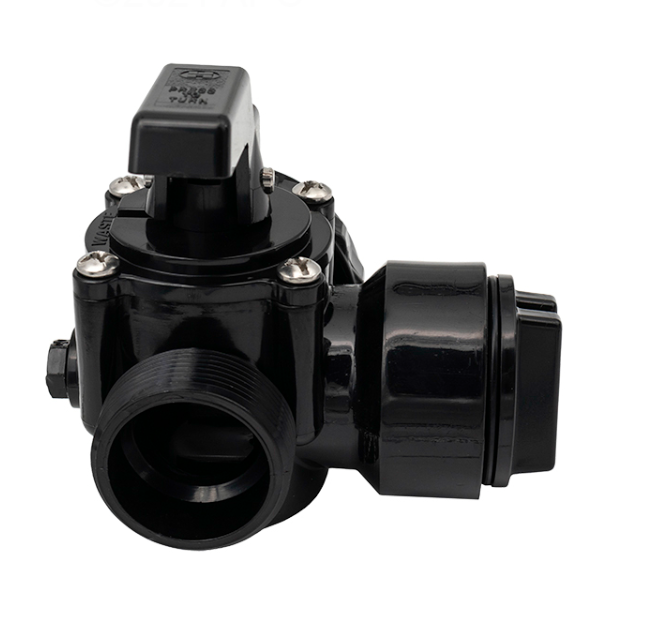 Side profile of Hayward SP0727 Diverter Valve showing the 1.5-inch threaded intake and handle positions.