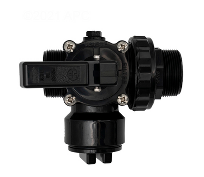Top view of Hayward SP0727 Diverter Valve showing the 2-bolt cover plate and Filter/Vacuum handle settings.