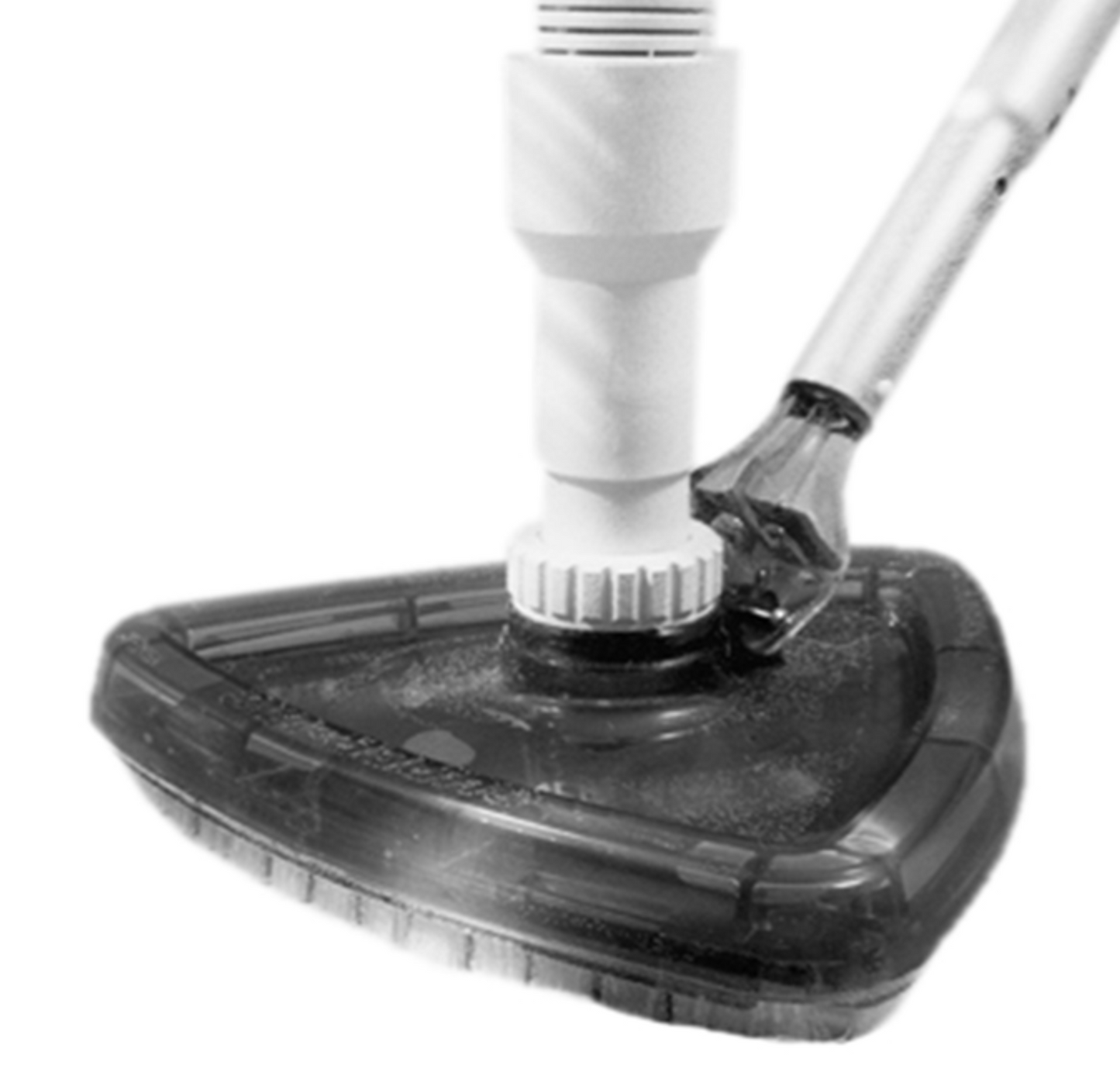 Top-down view of the Hayward SP1068DL Super-Vac triangular pool vacuum head featuring a see-through design and white swivel connector.