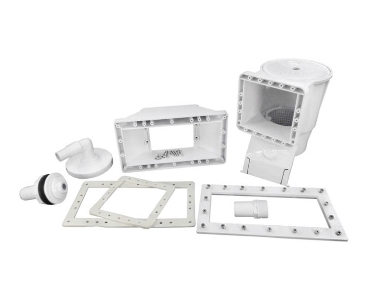 Complete Hayward SP1091WM Widemouth Skimmer kit including return fitting, SkimVac plate, and accessories.