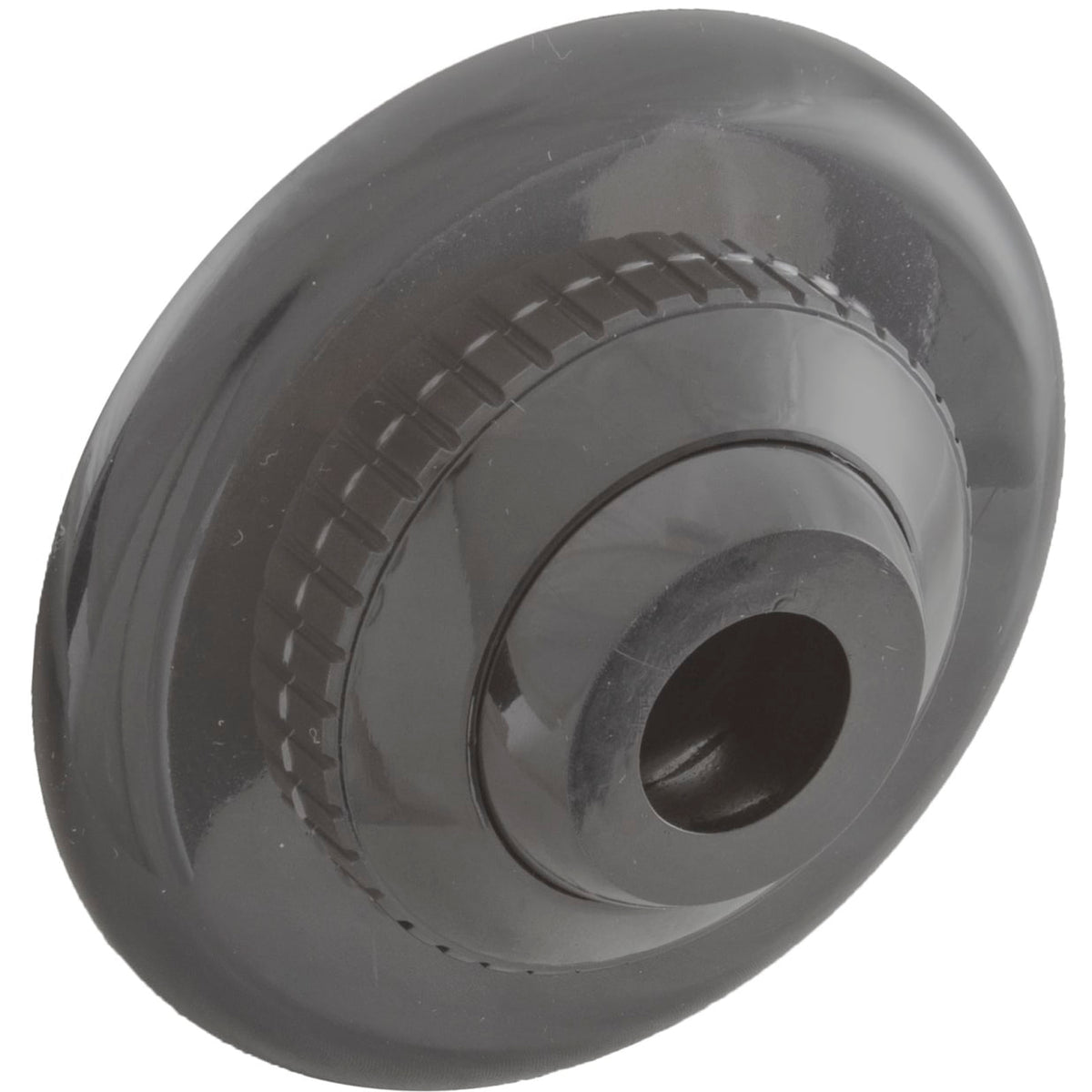 A front-face view of the dark gray Hayward SP1418DDGR HydroStream 3/4-inch directional pool return outlet, with the internal eyeball directed to point water flow downward, with descriptive text labels.