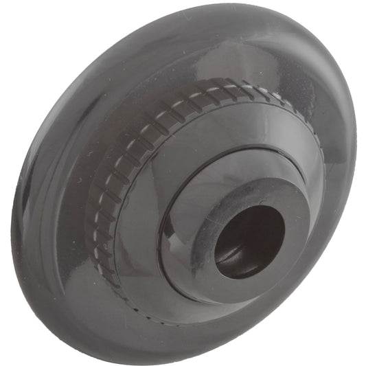 A front-face view of the dark gray Hayward SP1418DDGR HydroStream 3/4-inch directional pool return outlet, with the internal eyeball directed to point water flow downward, with descriptive text labels.