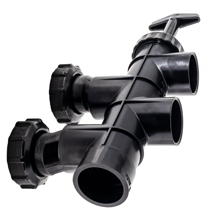 Angled view of the Hayward SP410X602S 2-position slide valve showing the heavy-duty body construction and included 2-inch union connectors.