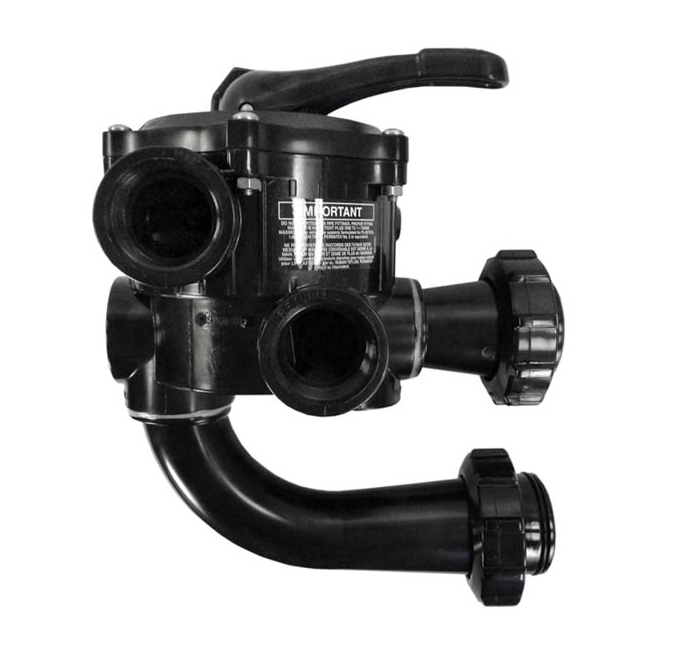 Side view of Hayward SP710XR50 Vari-Flo valve showing the curved plumbing return pipe and union connection nuts.