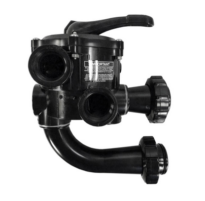 Side view of Hayward SP710XR50 Vari-Flo valve showing the curved plumbing return pipe and union connection nuts.