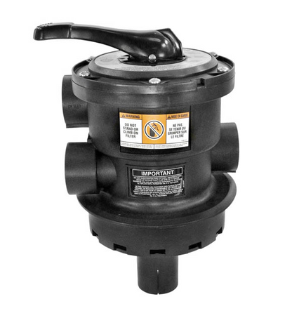 ide profile of Hayward SP714T multiport valve showing the 1.5 inch plumbing ports and safety warning labels.