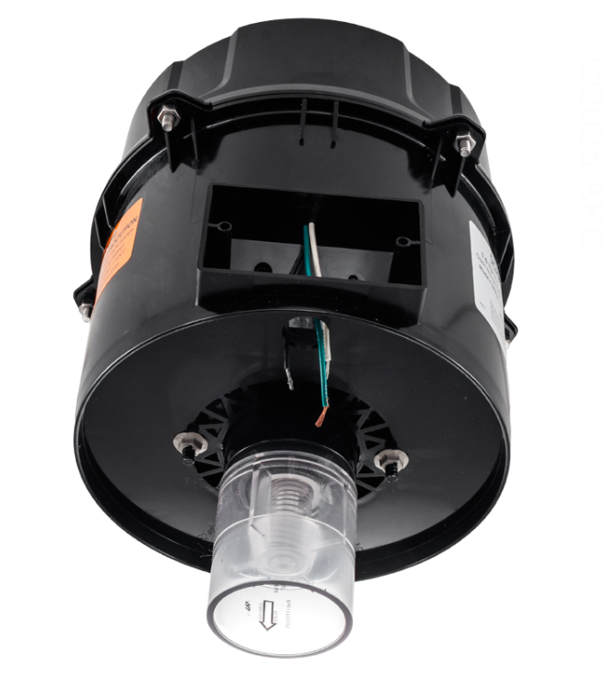 Bottom view of the Hayward SPB101 Spa Blower showing the 2-inch slip socket connection and the internal electrical wiring terminals.