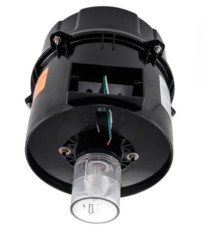 Bottom view of the Hayward SPB101 Spa Blower showing the 2-inch slip socket connection and the internal electrical wiring terminals.