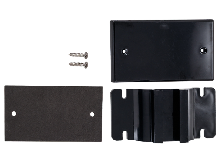 Black metal mounting bracket set with screws included with the Hayward SPB101 Spa Blower for secure surface installation.