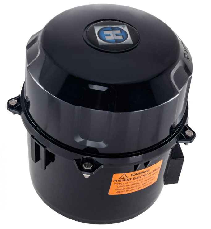 Close-up view of the black Hayward SPB101 1 HP 115V Spa Air Blower showing the Hayward logo and safety warning labels.