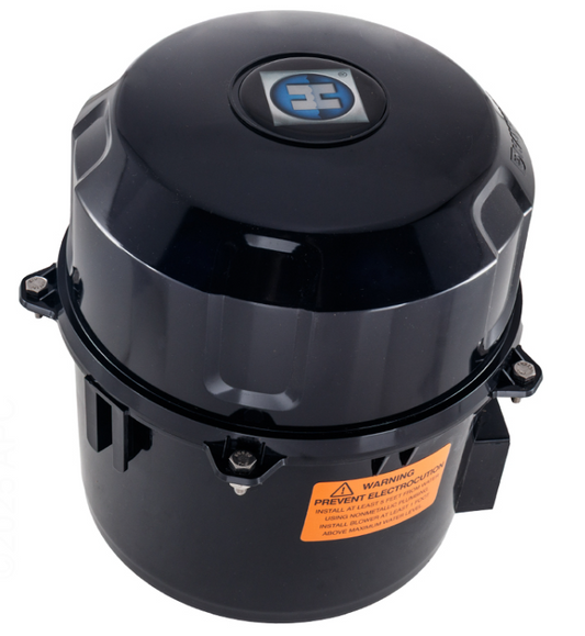 Close-up view of the black Hayward SPB101 1 HP 115V Spa Air Blower showing the Hayward logo and safety warning labels.