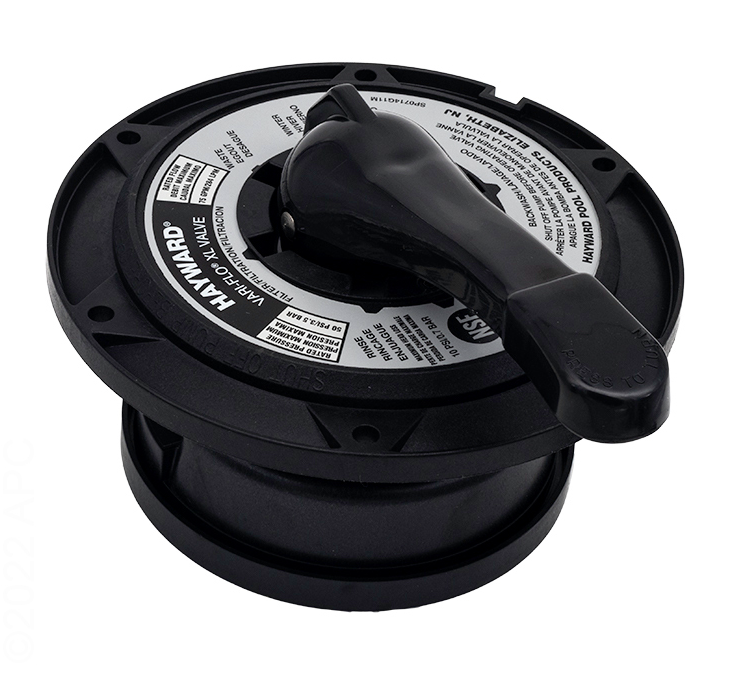 Top view of Hayward SPX0714BA assembly showing the black handle and Vari-Flo XL multiport valve position label.