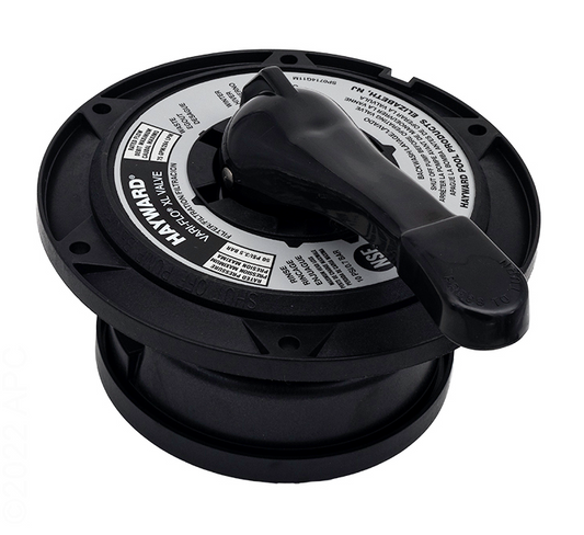 Top view of Hayward SPX0714BA assembly showing the black handle and Vari-Flo XL multiport valve position label.