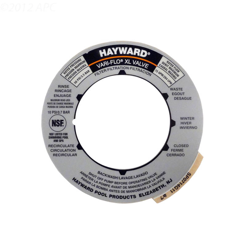 Top view of genuine Hayward SPX0714G Vari-Flo XL 6-position valve label decal