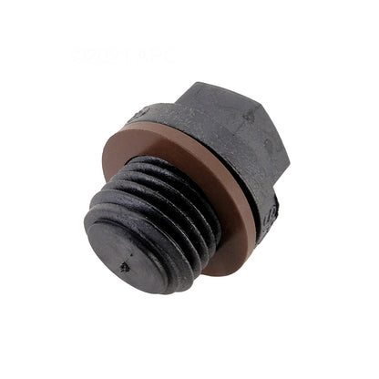 Hayward SPX1700FGV Chlorinator Pipe Plug with Gasket - Bottom angled view showing the threads prominently, followed by the gasket and plug base