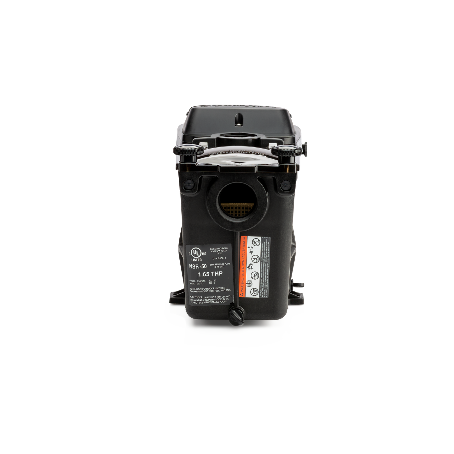 Front view of the Hayward Super Pump VS 1.65 THP (W3SP2603VSP) highlighting the motor specifications and warning labels.
