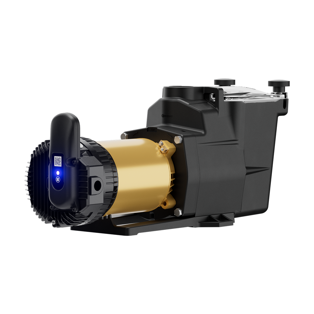 Side-rear view of the Hayward Super Pump VS 615 (W3VSP26615) highlighting the compact motor design and integrated OmniX smart hub.d fan housing.